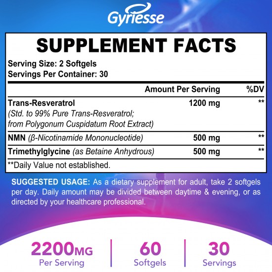 Gyriesse NMN 500mg + Trans-Resveratrol 1200mg Plus TMG 500mg (60 Softgels(Pack of 1))