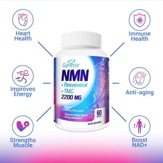 Gyriesse NMN 500mg + Trans-Resveratrol 1200mg Plus TMG 500mg (60 Softgels(Pack of 1))