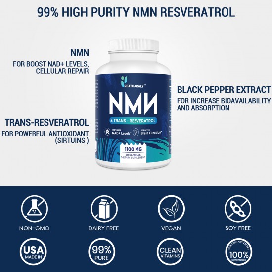 Reatharaly NMN + Trans-Resveratrol Supplement 1100mg per bottles (60 Count(Pack of 1))